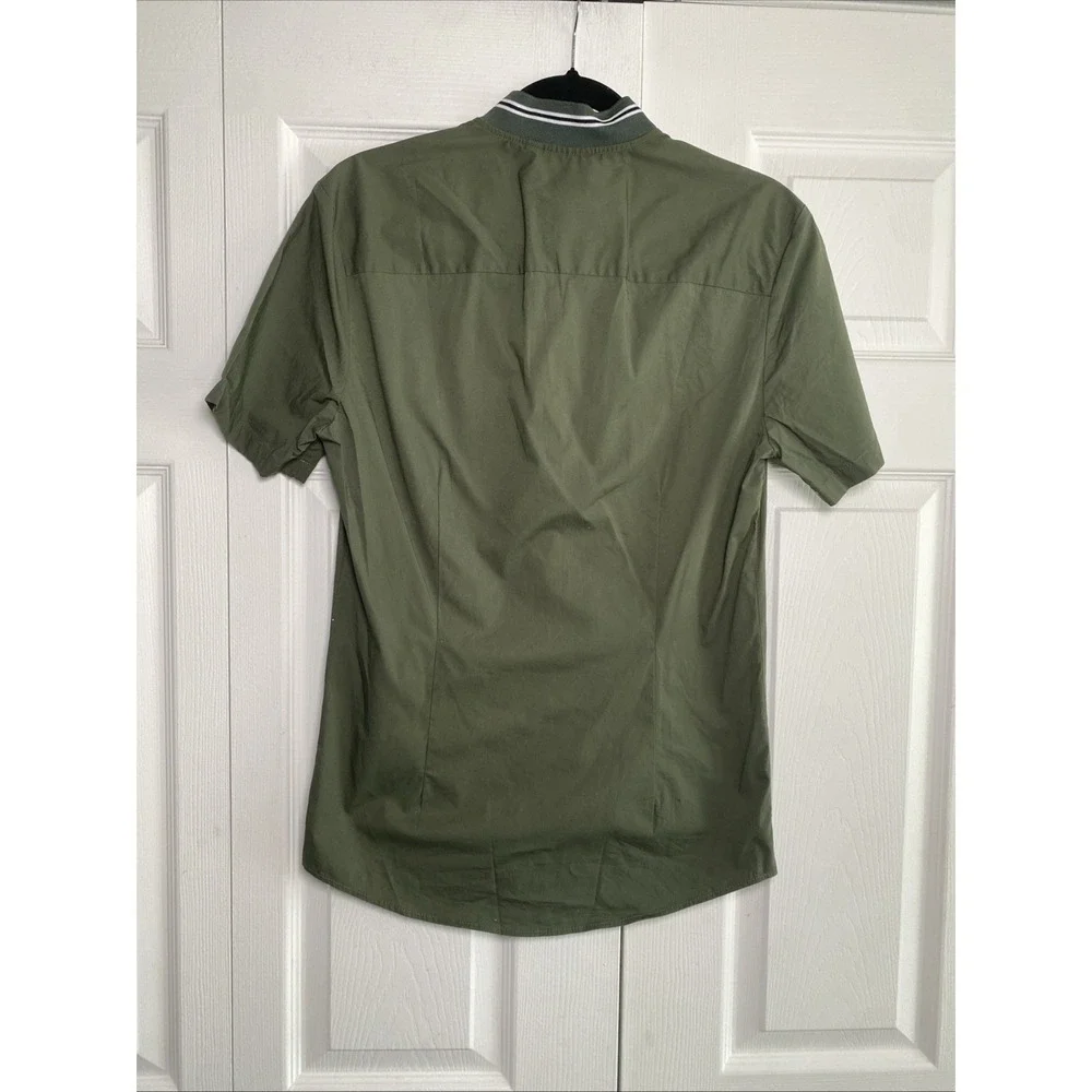 ASOS Design Bomber Collar Shirt Mens Size M Green Short Sleeve Button Up Cotton